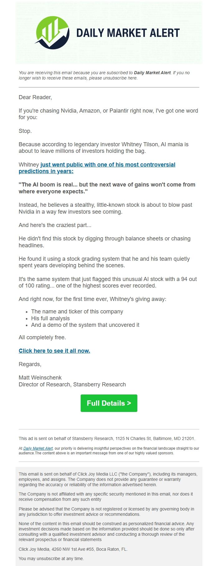 Screenshot of the email generated on import