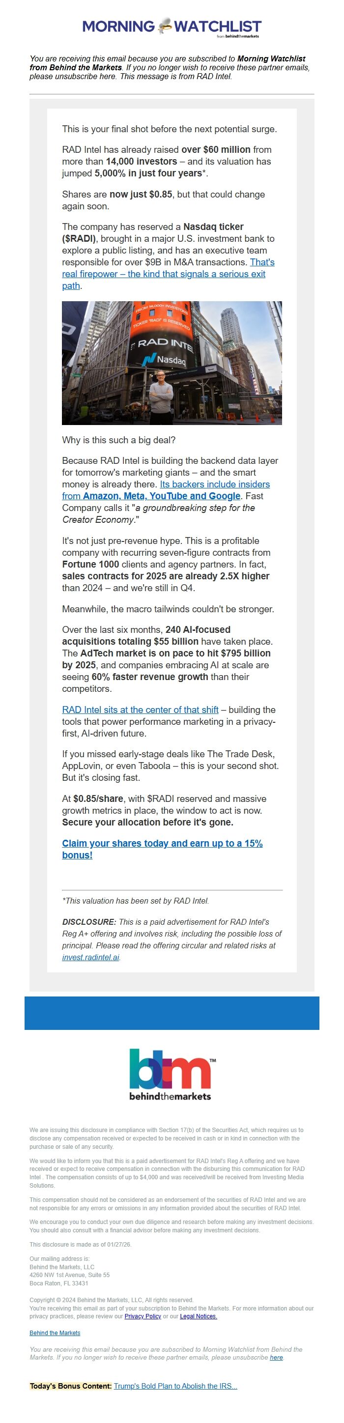 Screenshot of the email generated on import