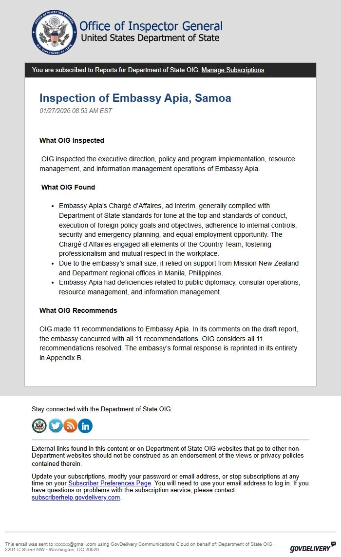 Screenshot of the email generated on import