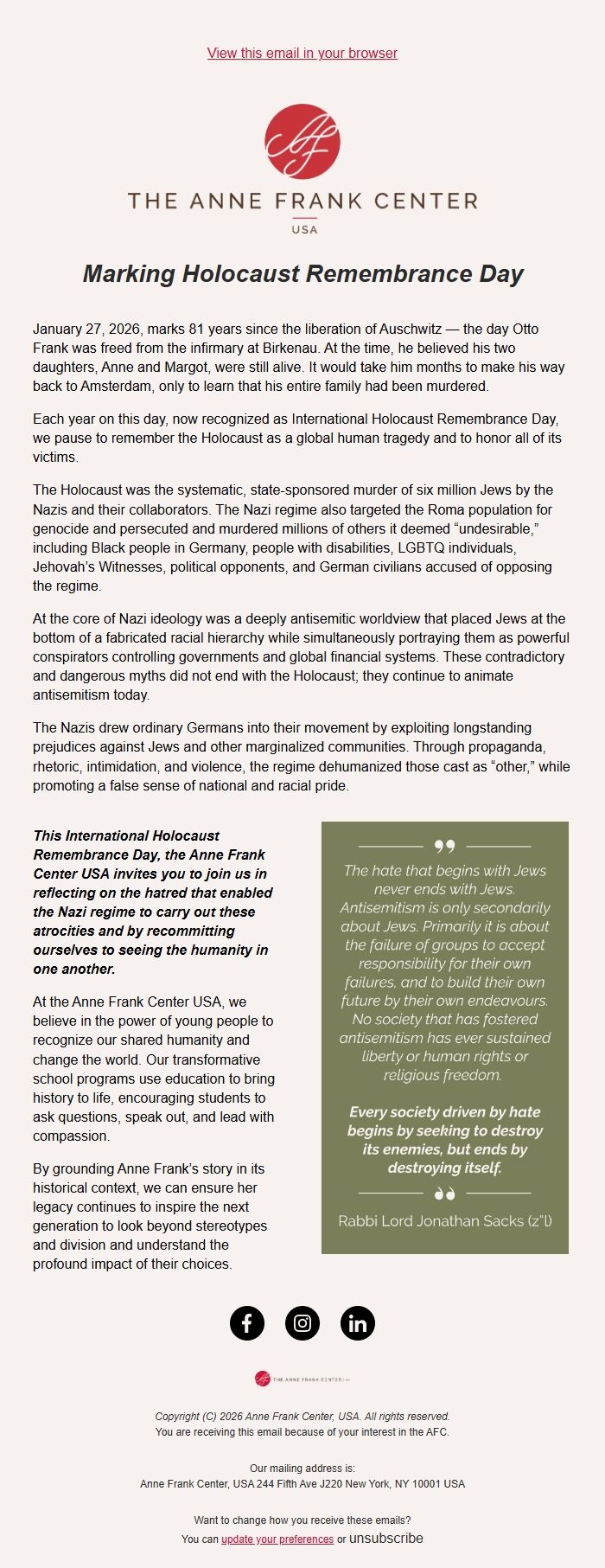 Screenshot of the email generated on import