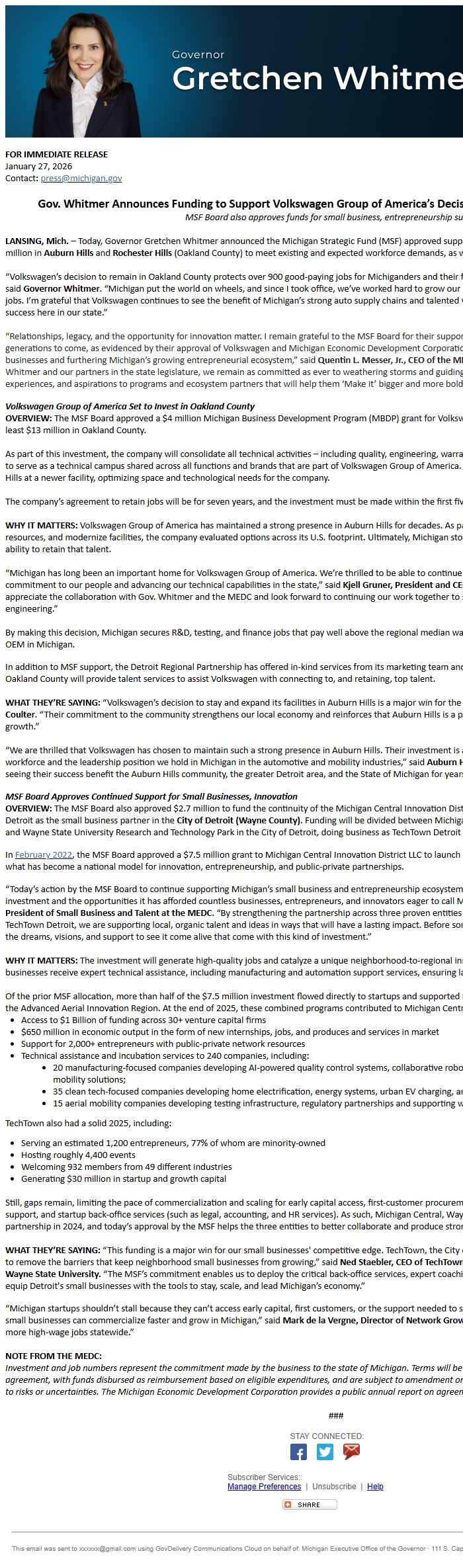 Screenshot of the email generated on import