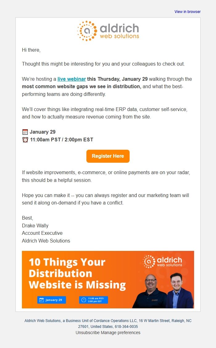 Screenshot of the email generated on import