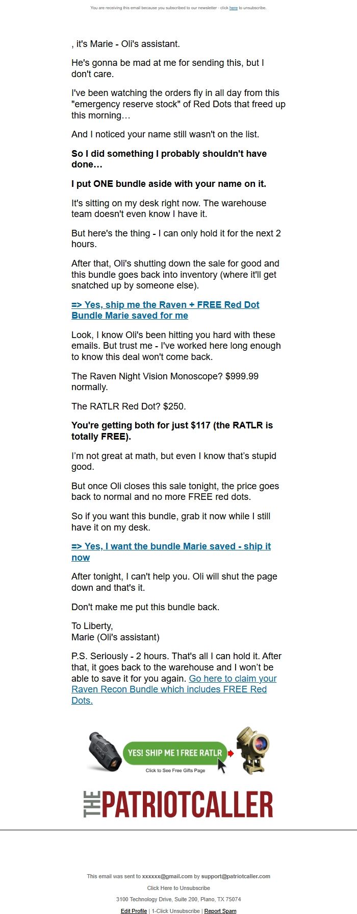 Screenshot of the email generated on import