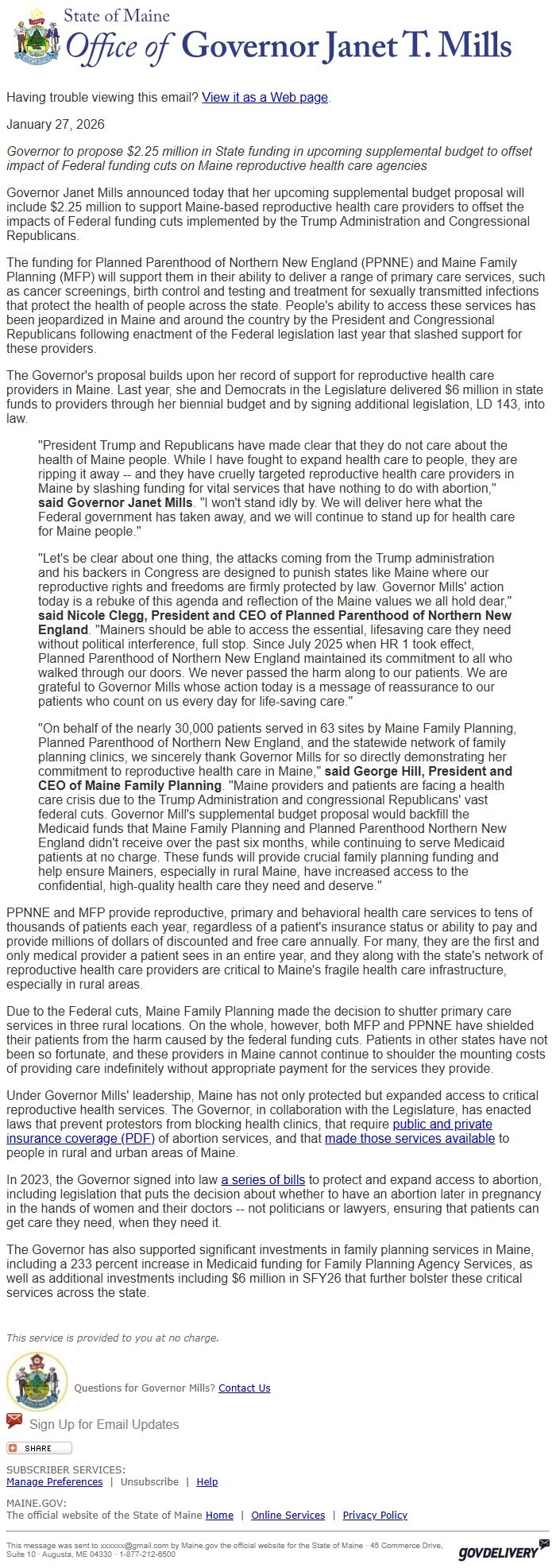 Screenshot of the email generated on import