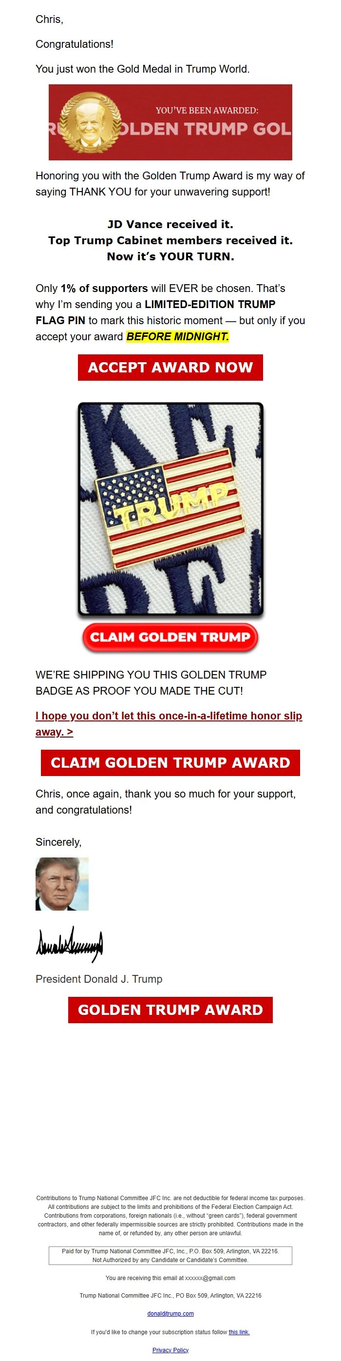 Screenshot of the email generated on import