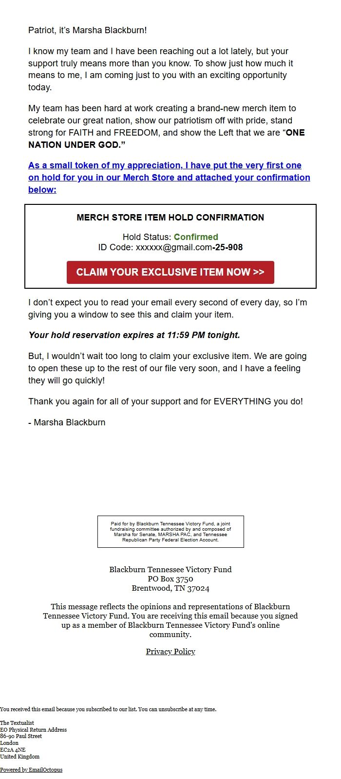 Screenshot of the email generated on import