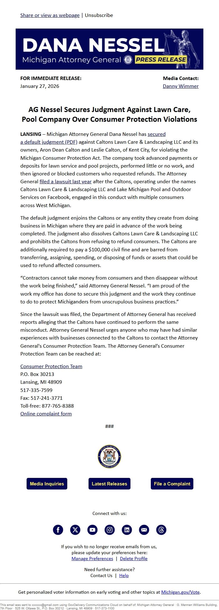 Screenshot of the email generated on import