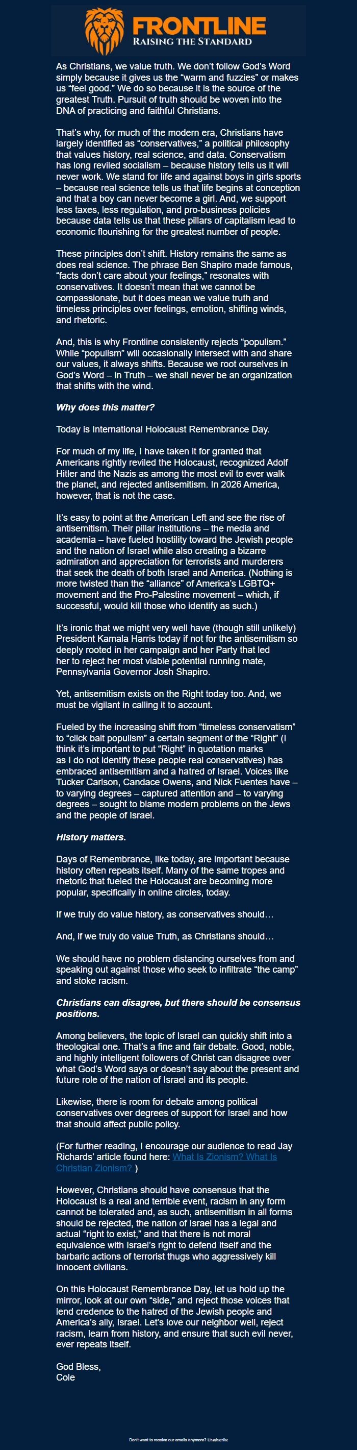 Screenshot of the email generated on import