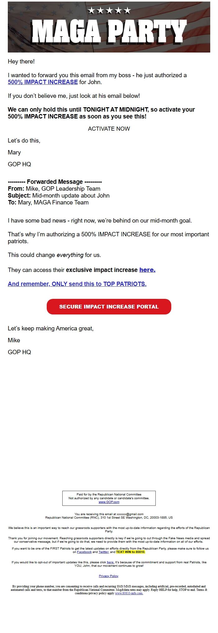 Screenshot of the email generated on import