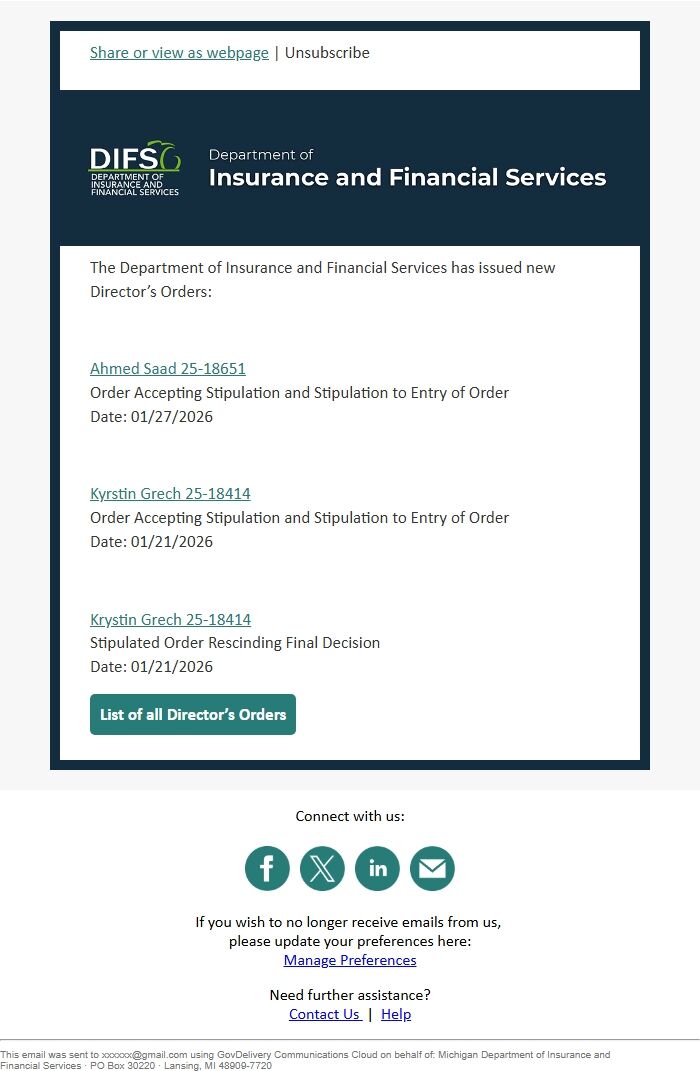 Screenshot of the email generated on import