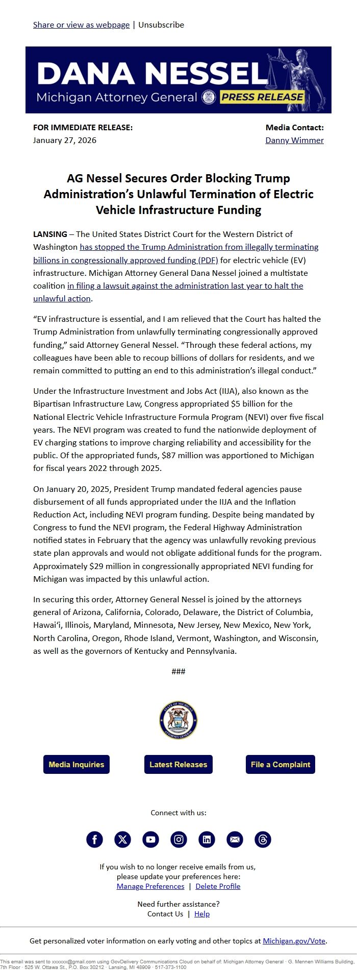 Screenshot of the email generated on import