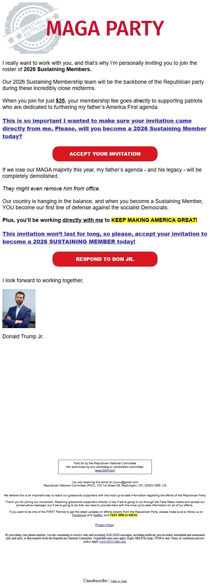 Screenshot of the email generated on import