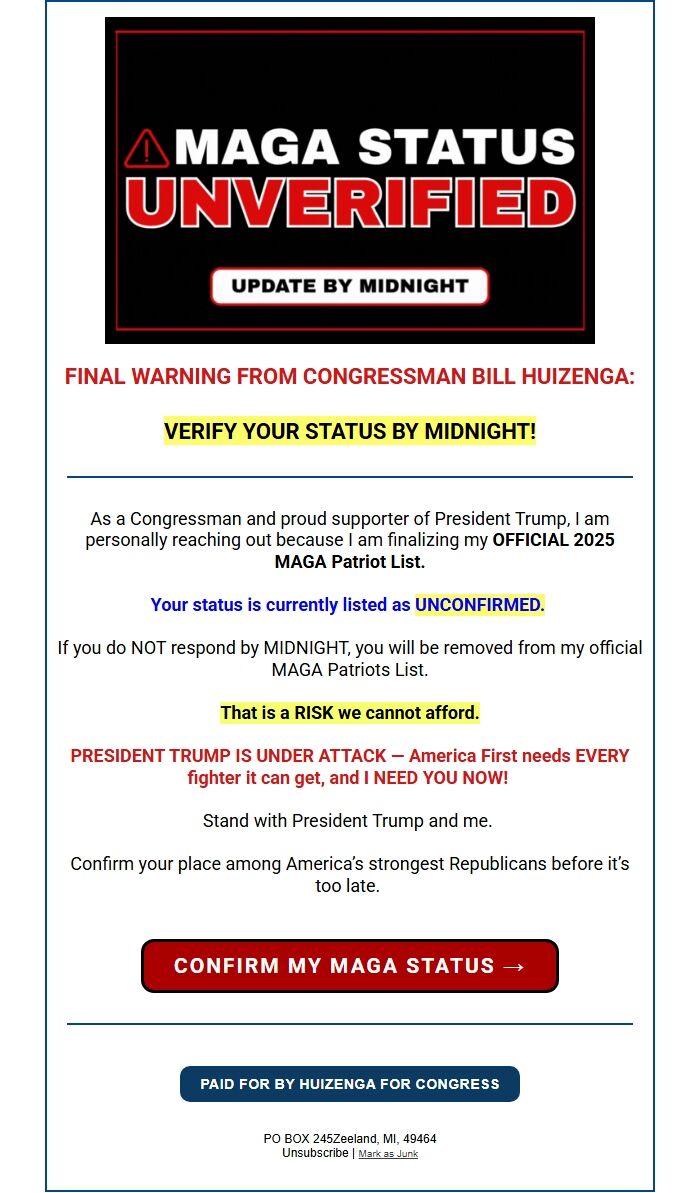 Screenshot of the email generated on import