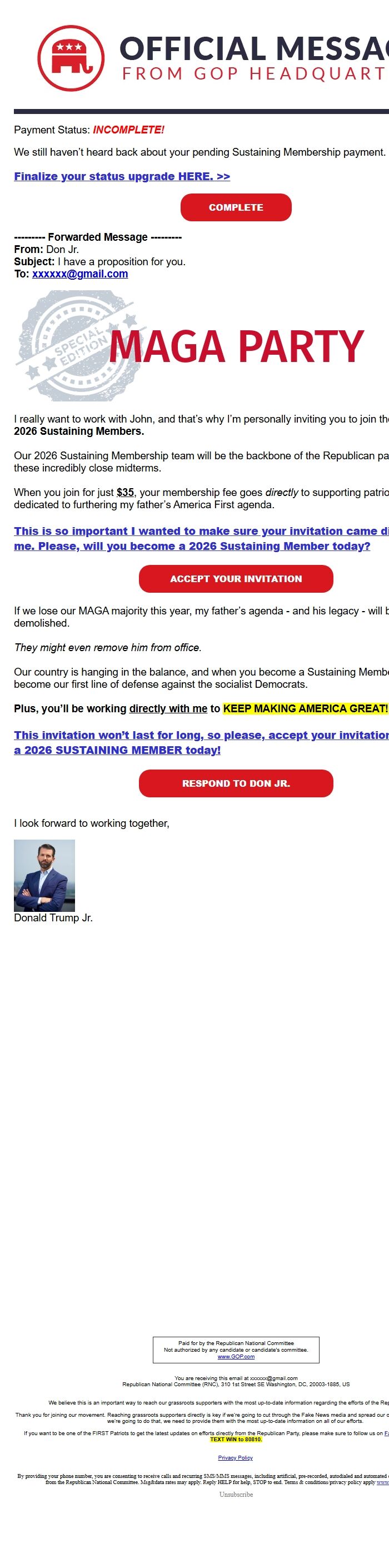 Screenshot of the email generated on import