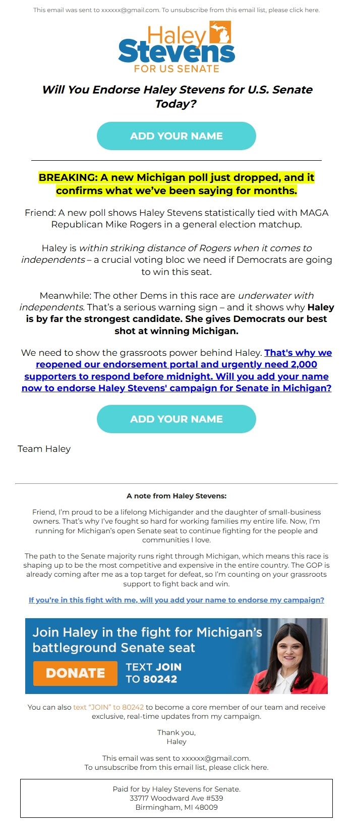 Screenshot of the email generated on import