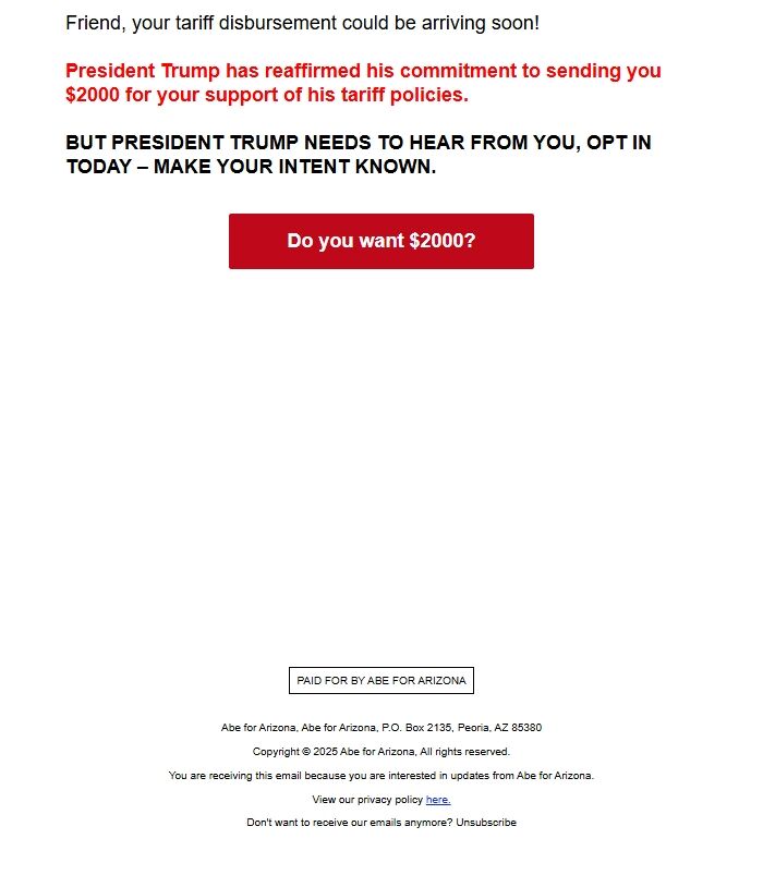 Screenshot of the email generated on import