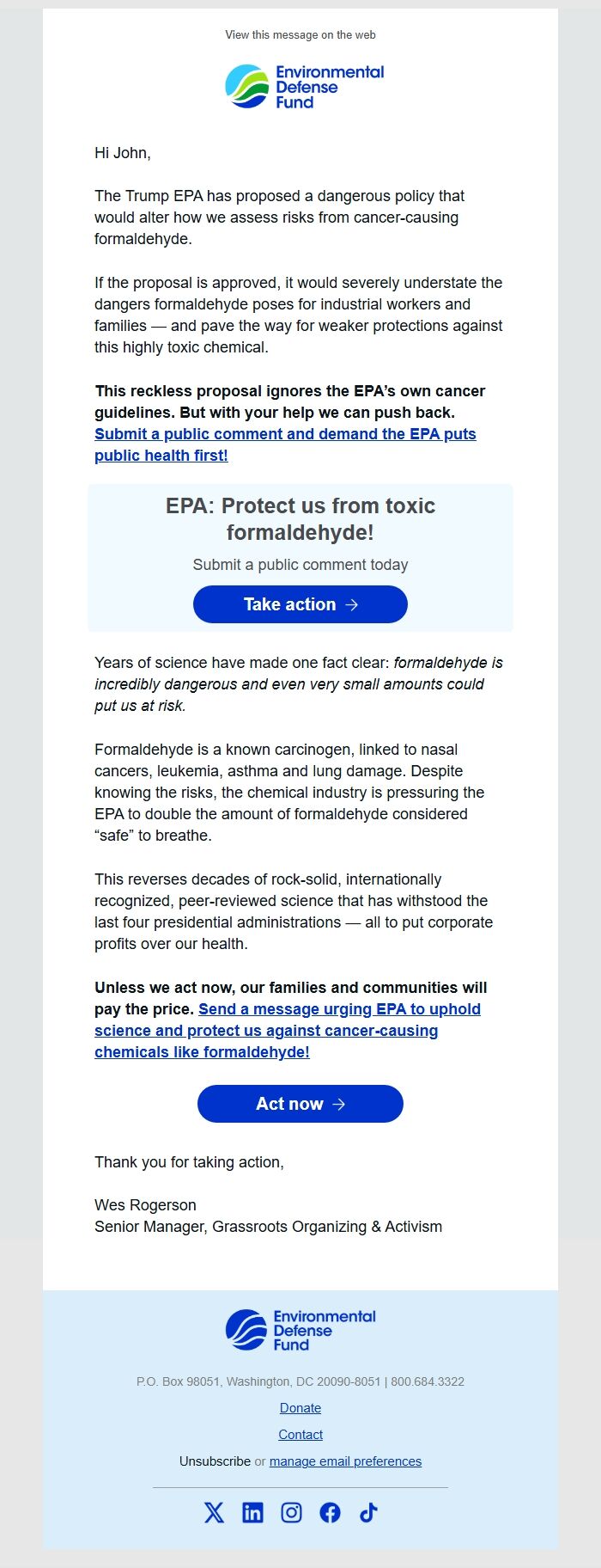 Screenshot of the email generated on import