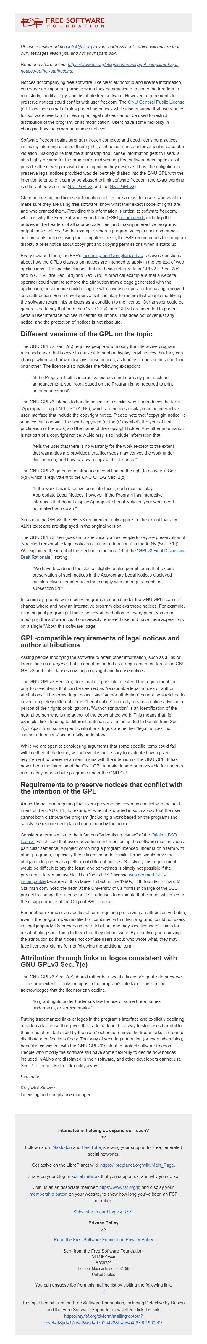 Screenshot of the email generated on import