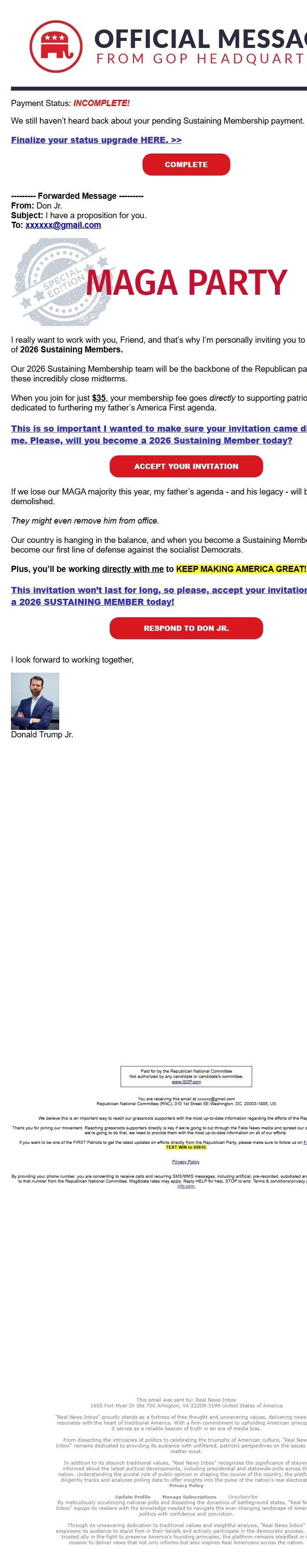 Screenshot of the email generated on import