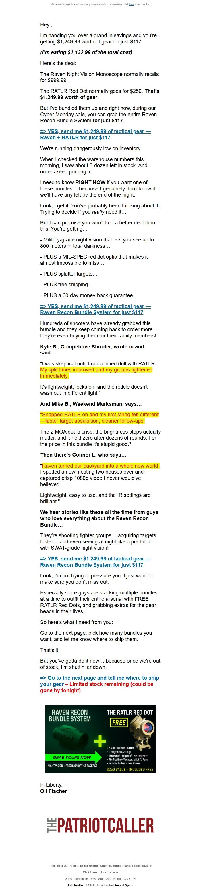 Screenshot of the email generated on import