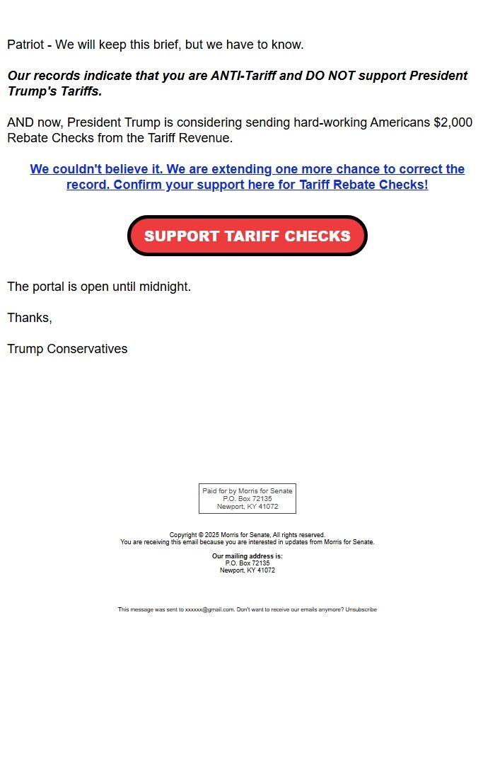 Screenshot of the email generated on import