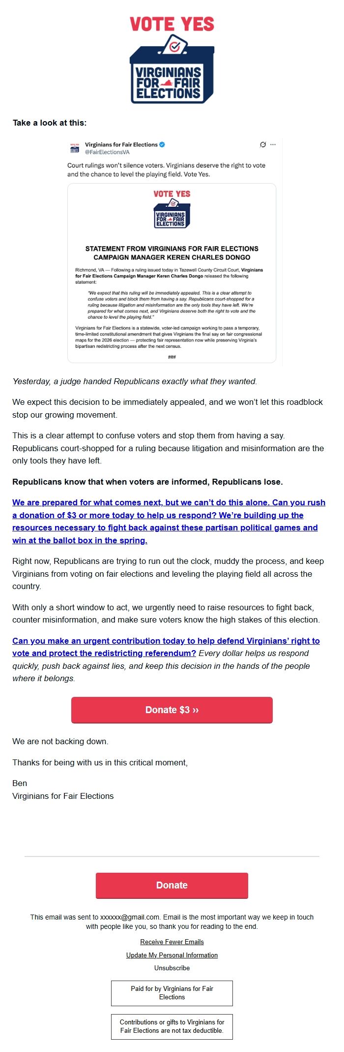 Screenshot of the email generated on import