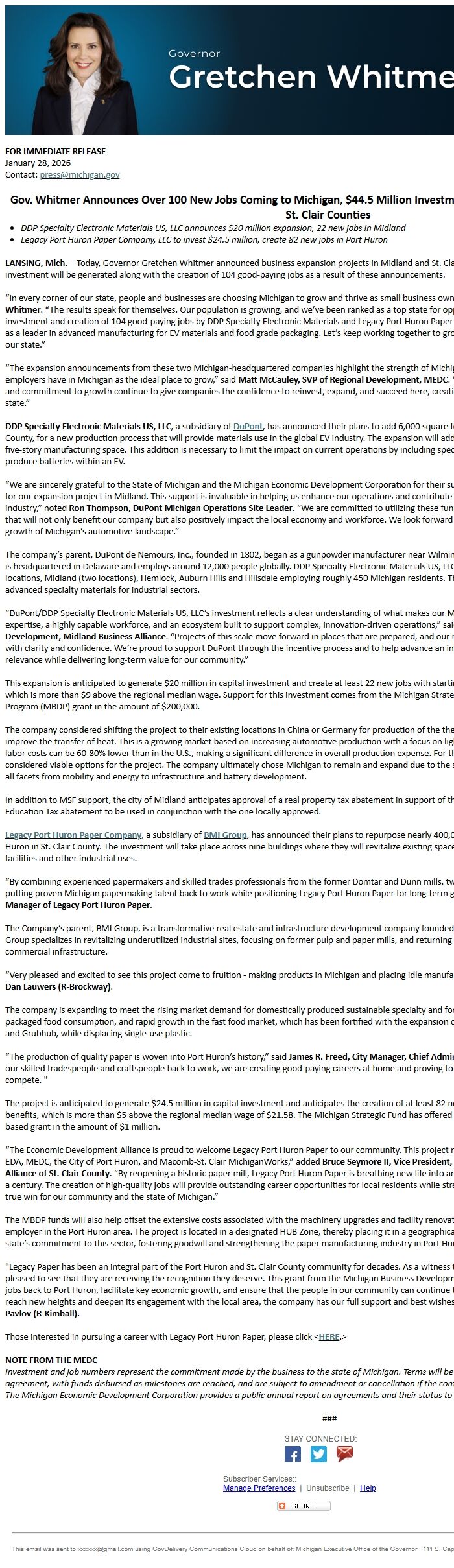 Screenshot of the email generated on import