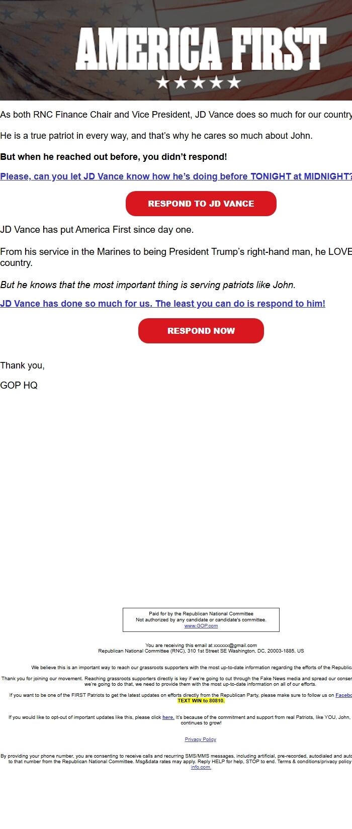 Screenshot of the email generated on import