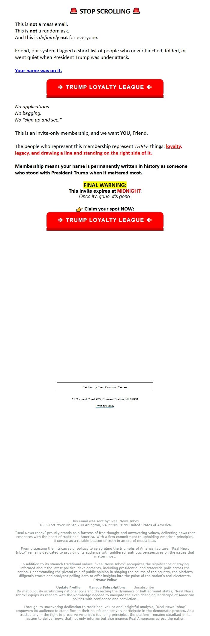 Screenshot of the email generated on import