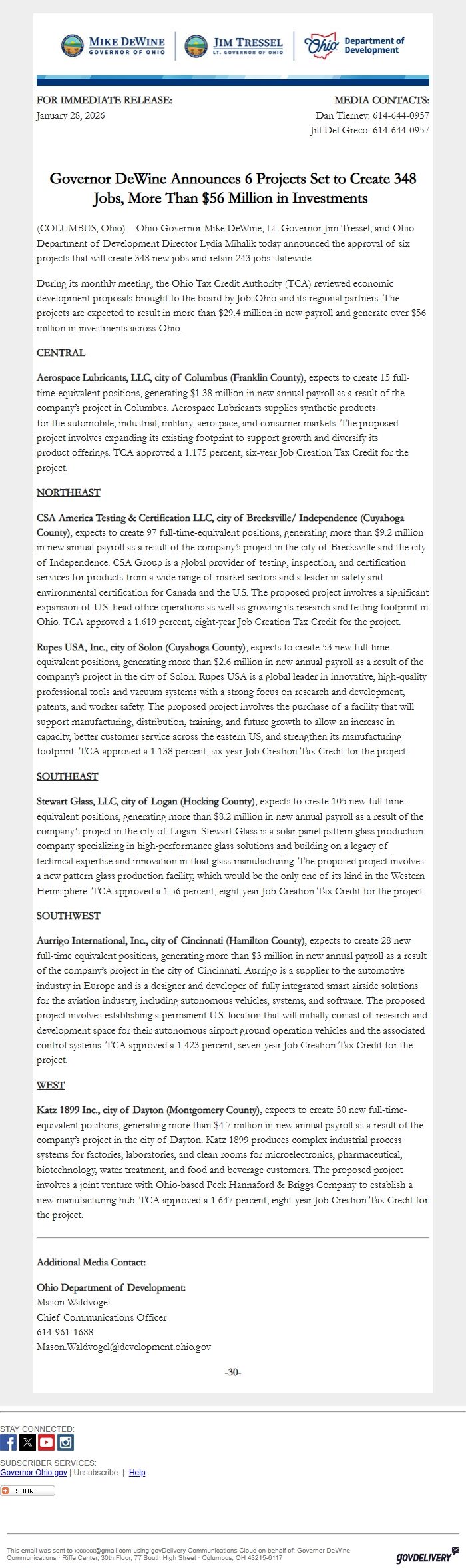 Screenshot of the email generated on import