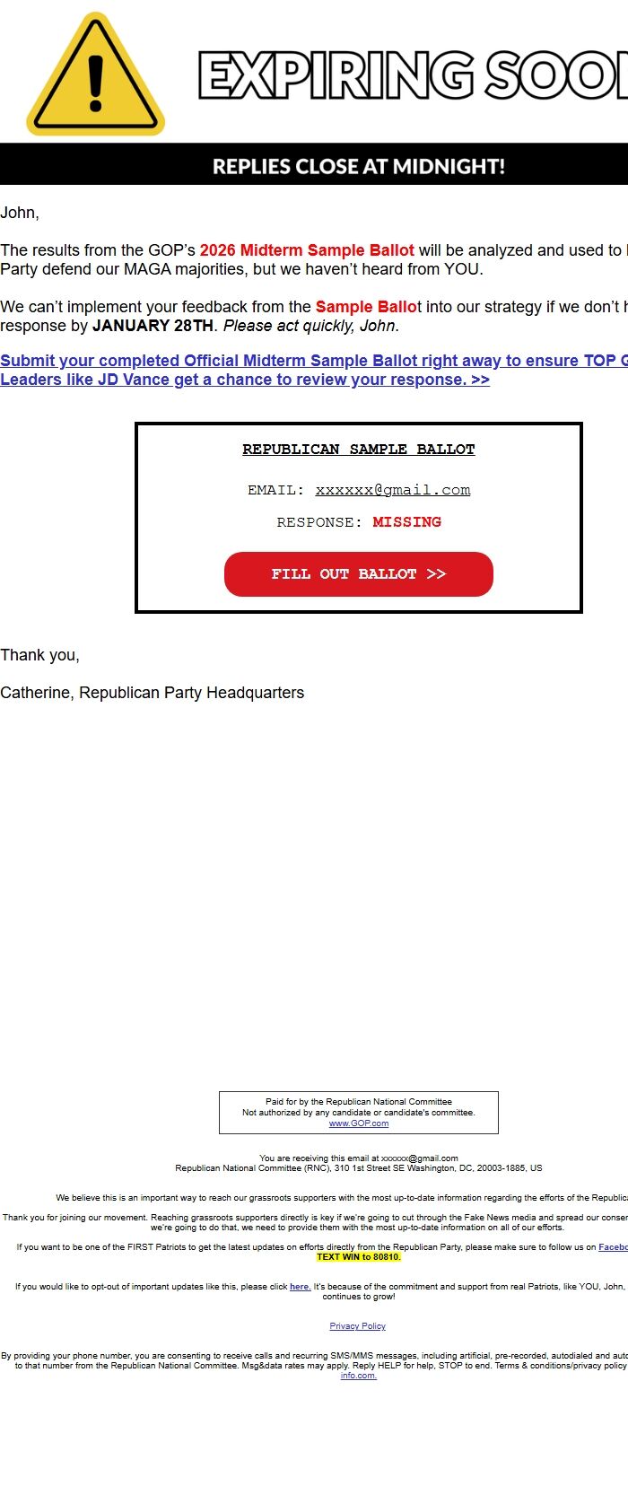 Screenshot of the email generated on import