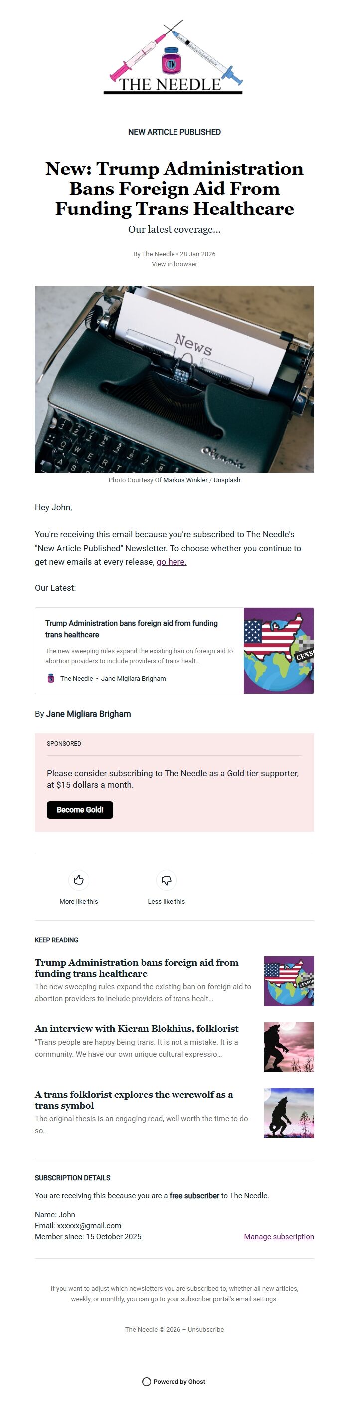 Screenshot of the email generated on import