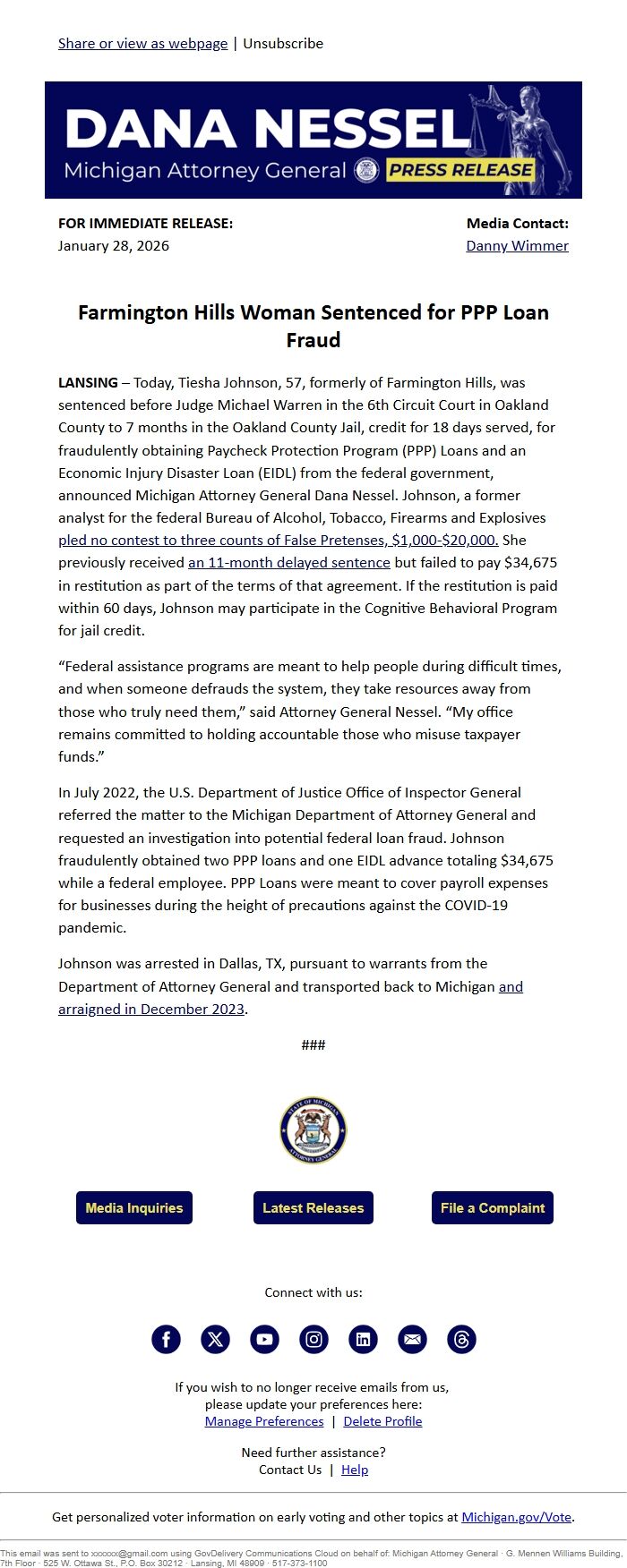 Screenshot of the email generated on import