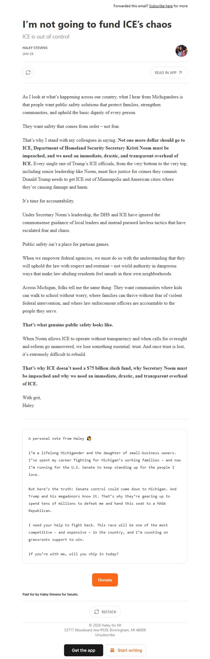 Screenshot of the email generated on import