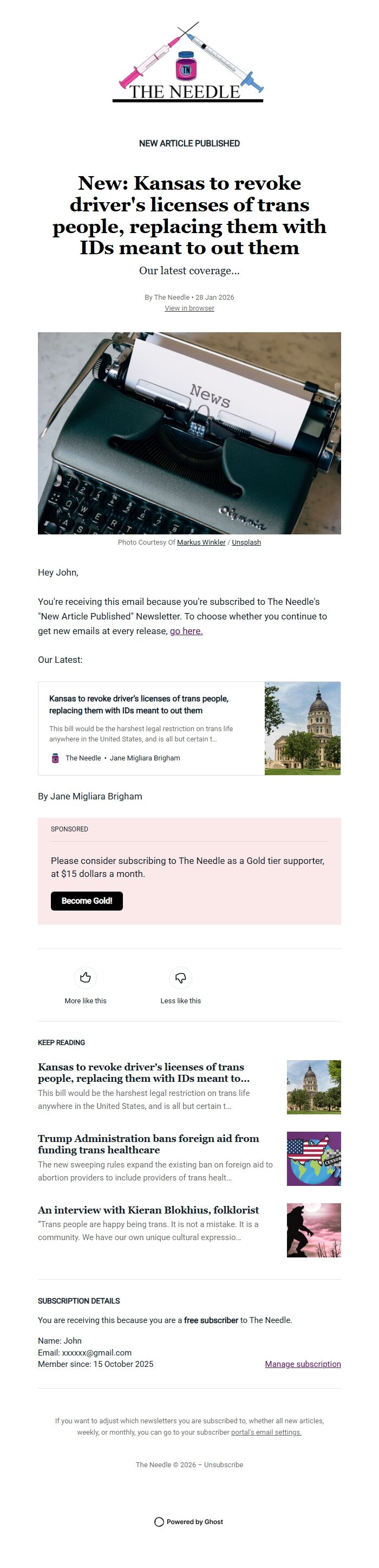 Screenshot of the email generated on import