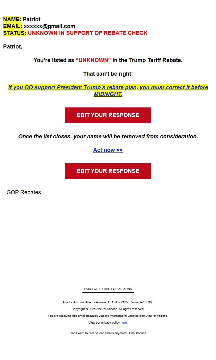 Screenshot of the email generated on import