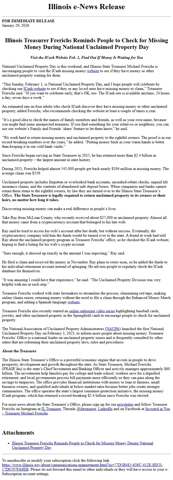 Screenshot of the email generated on import