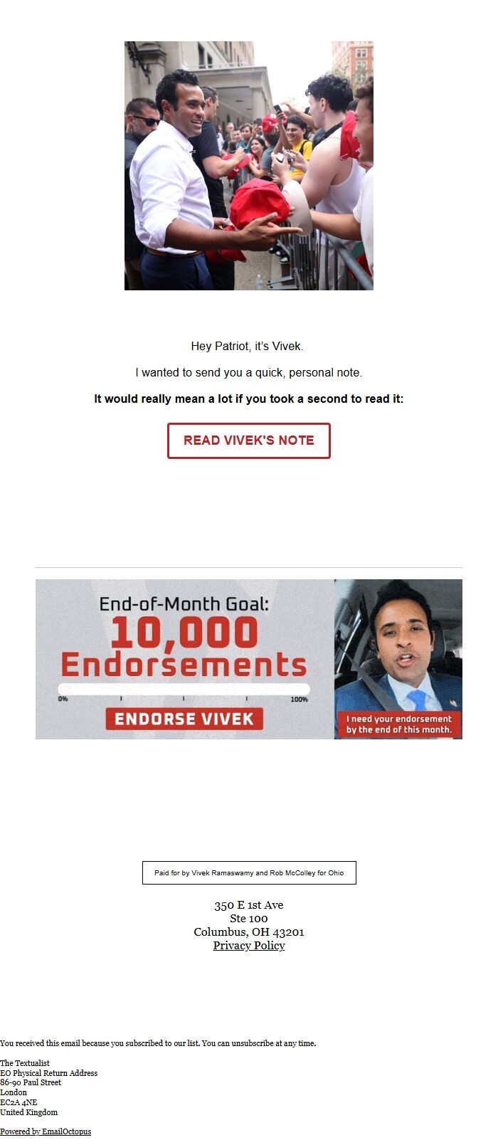 Screenshot of the email generated on import