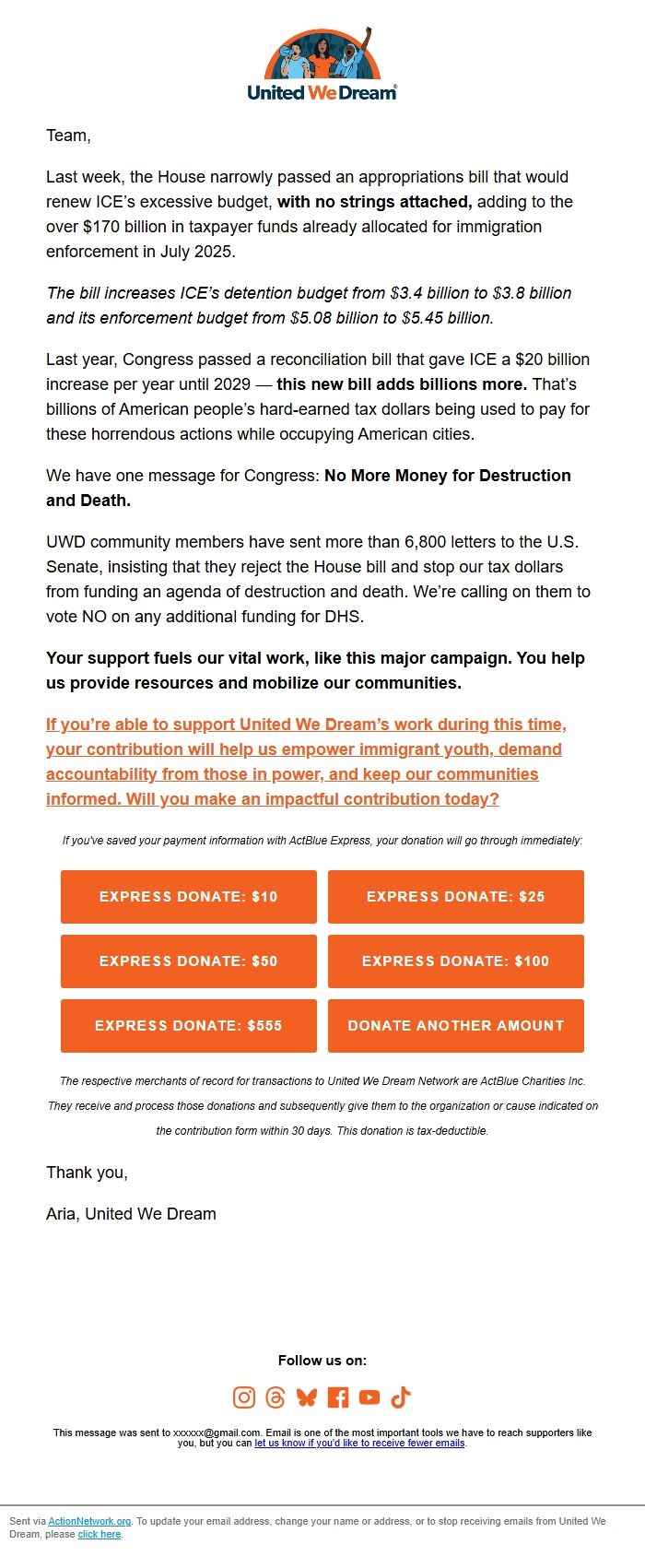 Screenshot of the email generated on import