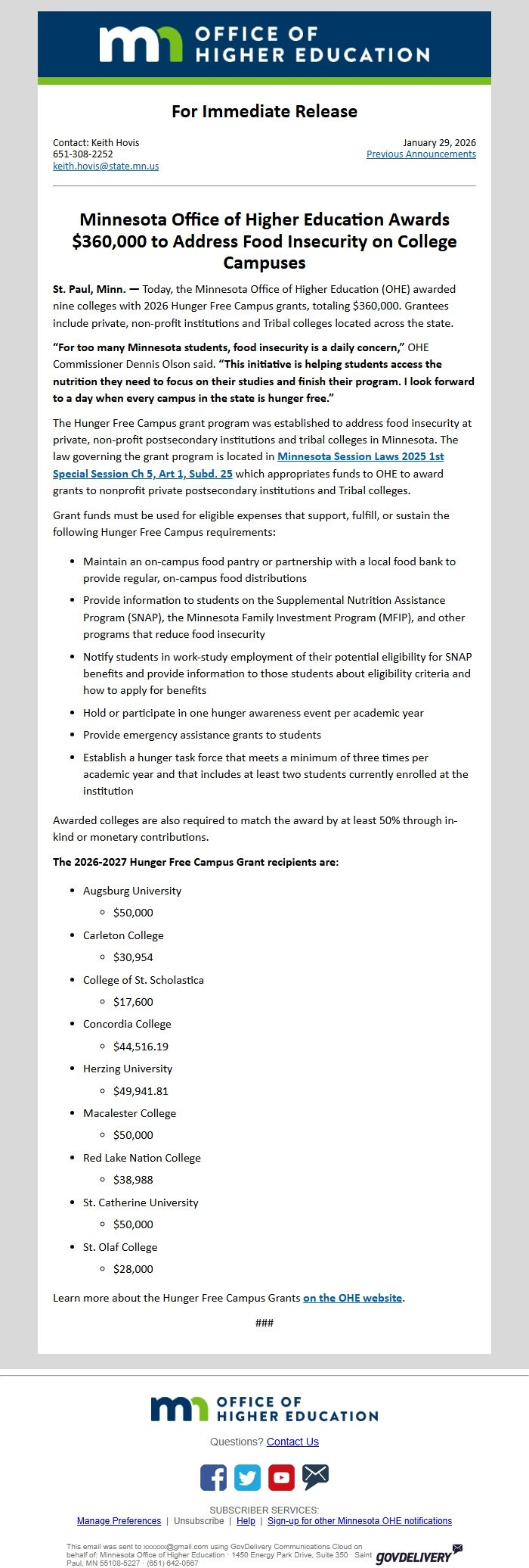 Screenshot of the email generated on import