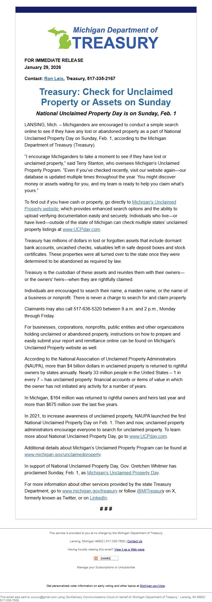 Screenshot of the email generated on import