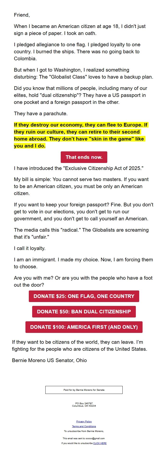 Screenshot of the email generated on import