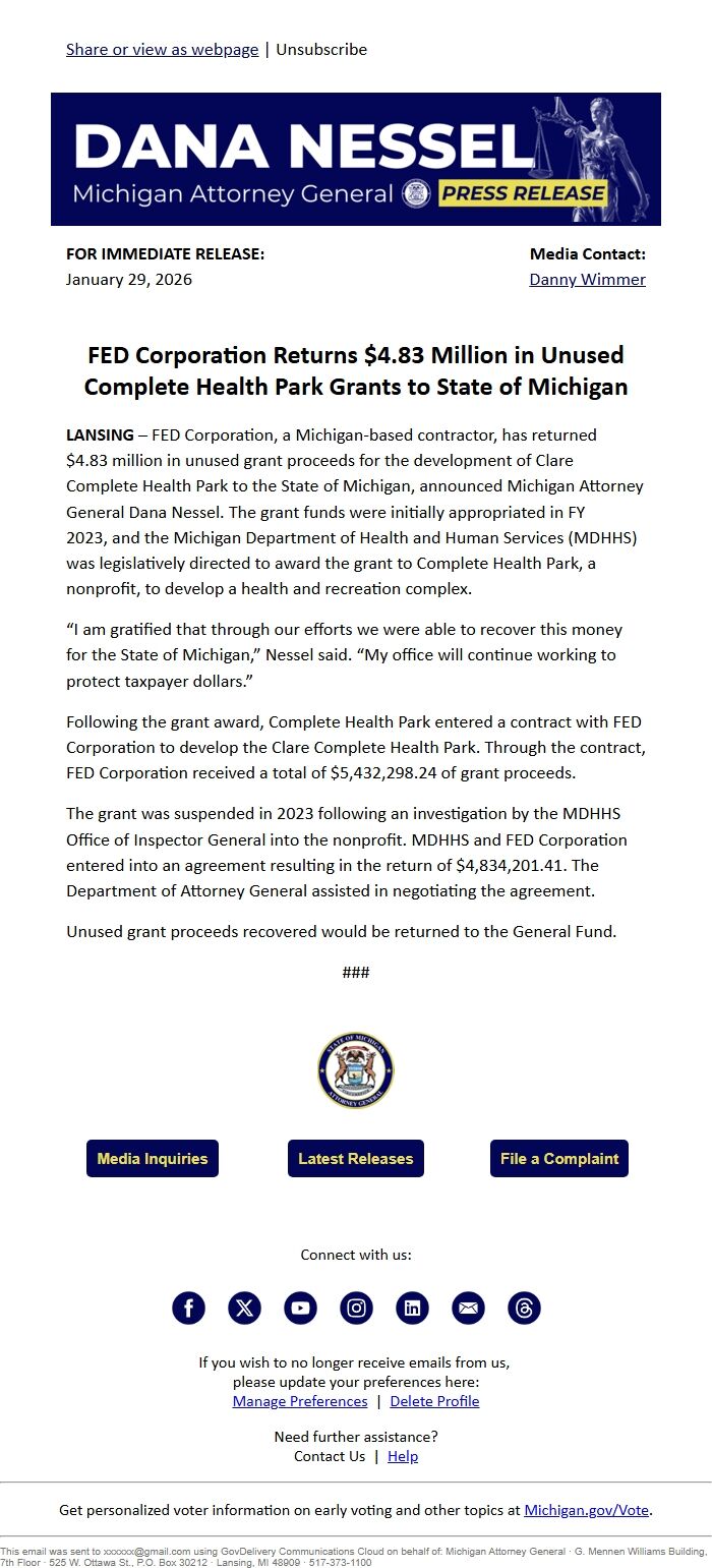 Screenshot of the email generated on import