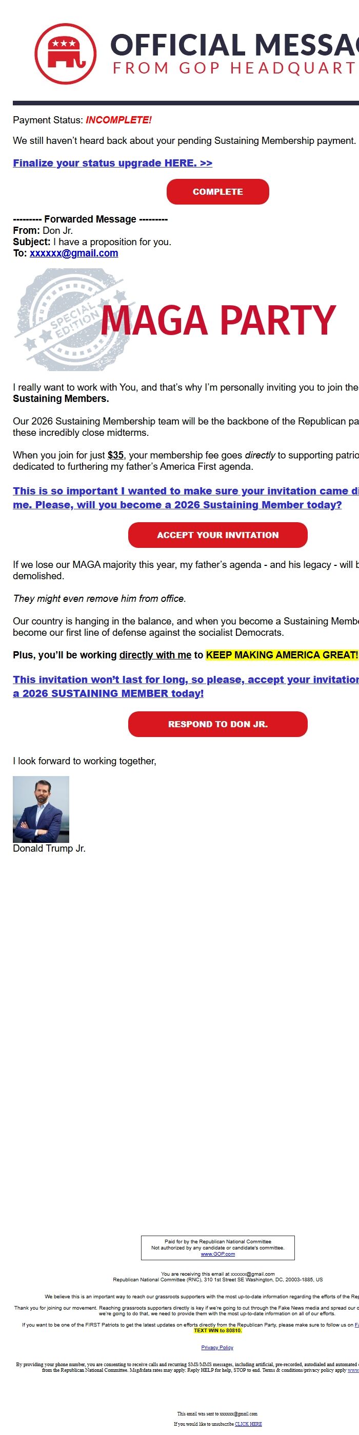 Screenshot of the email generated on import