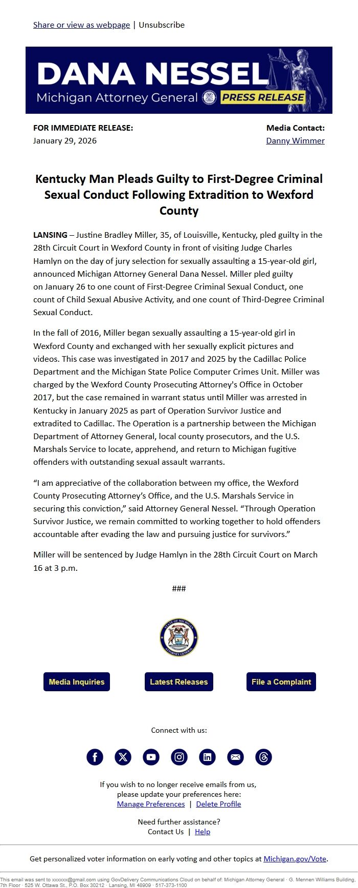 Screenshot of the email generated on import