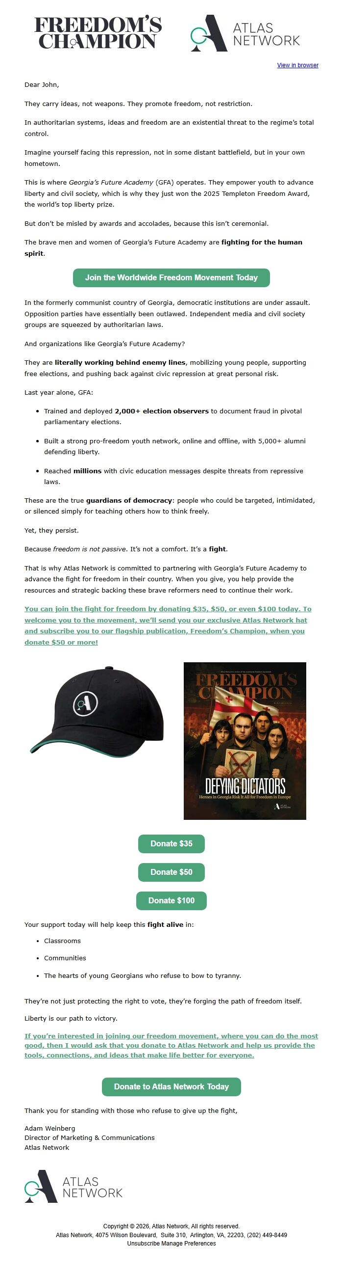 Screenshot of the email generated on import