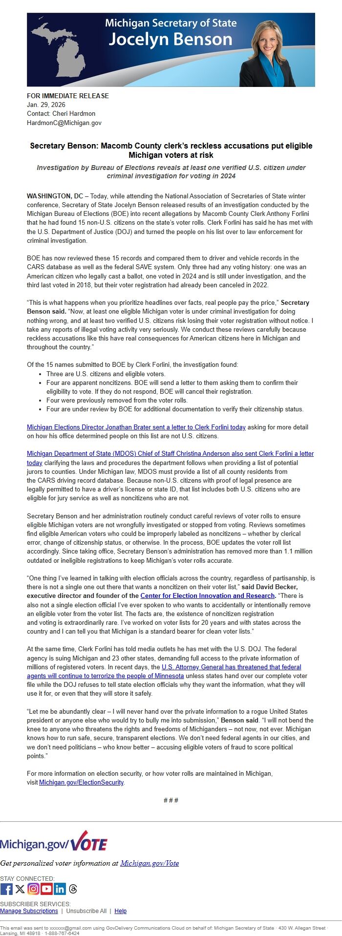 Screenshot of the email generated on import