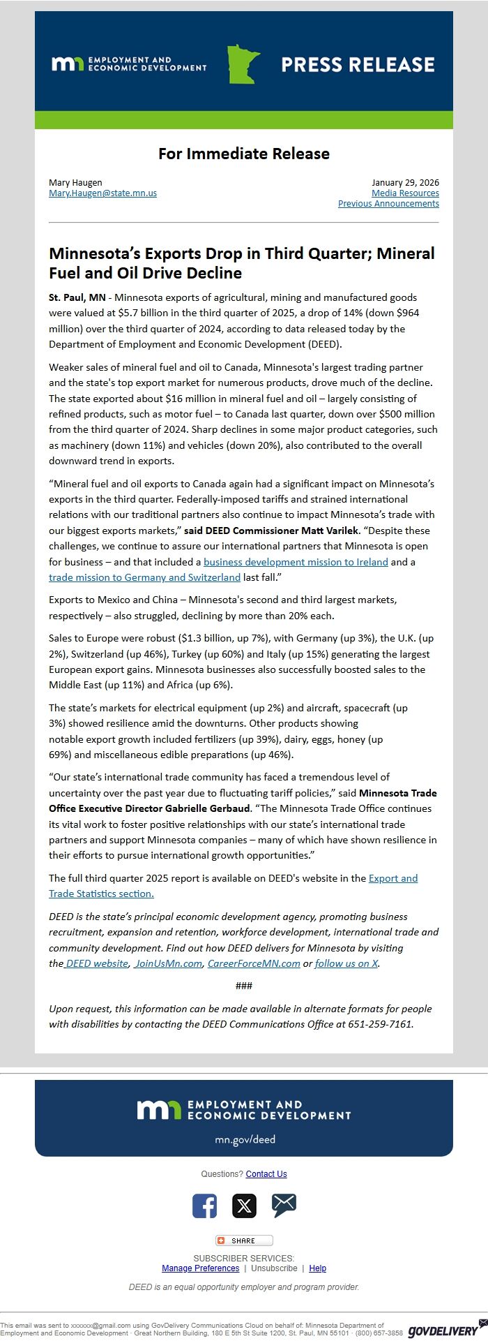 Screenshot of the email generated on import