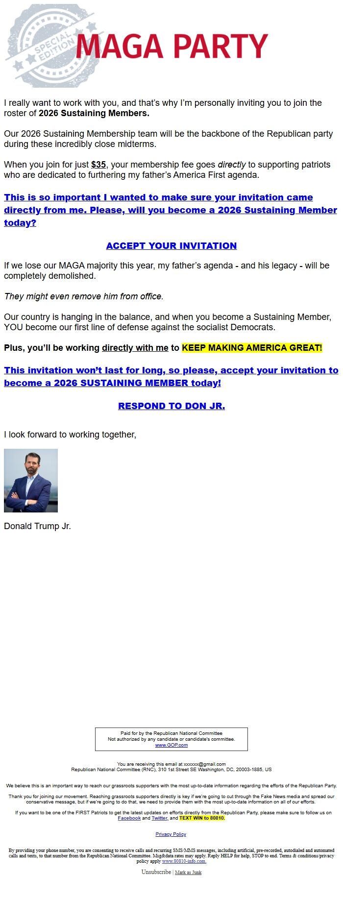 Screenshot of the email generated on import