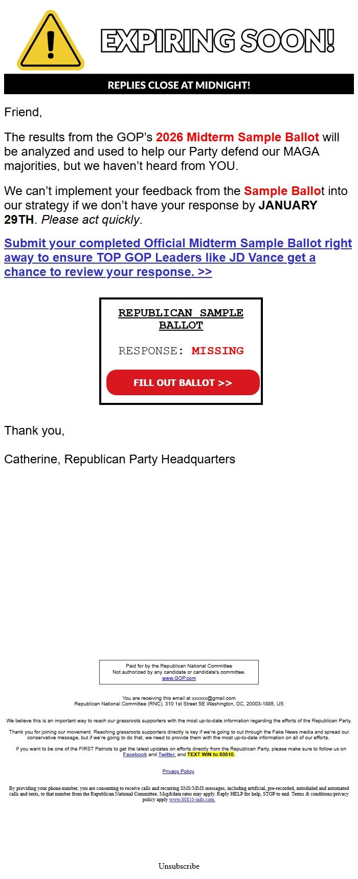 Screenshot of the email generated on import